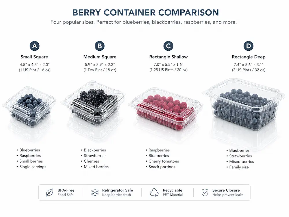Blueberry Containers: Buyer Guide for Food Packaging Teams 5 Berry container comparison showing small square medium square shallow rectangle and deep rectangle blueberry packaging sizes
