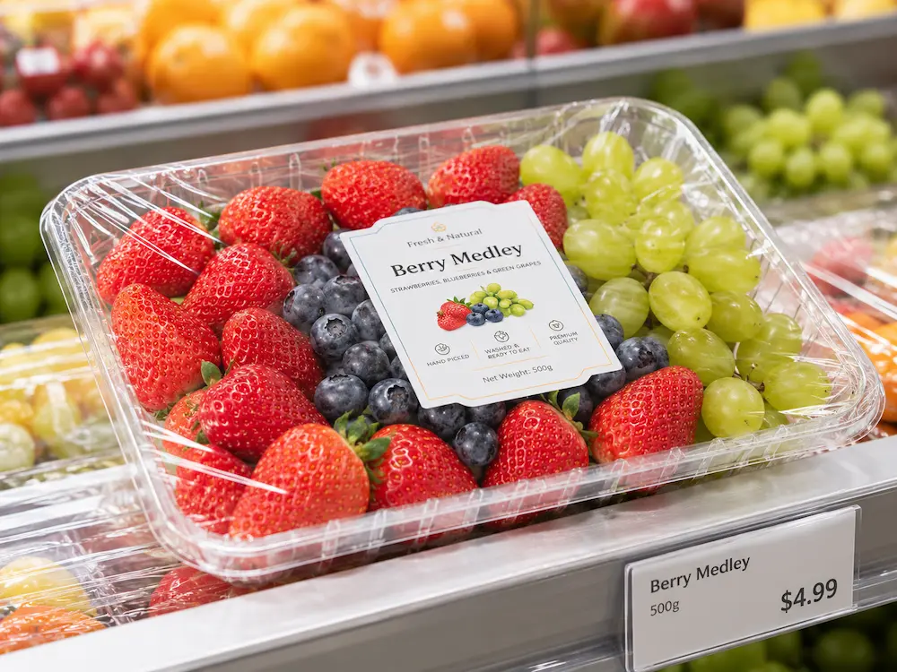 Complete Guide to Produce Trays and Clear Produce Display Packaging 2 Berry medley in clear produce tray for fresh fruit retail display packaging