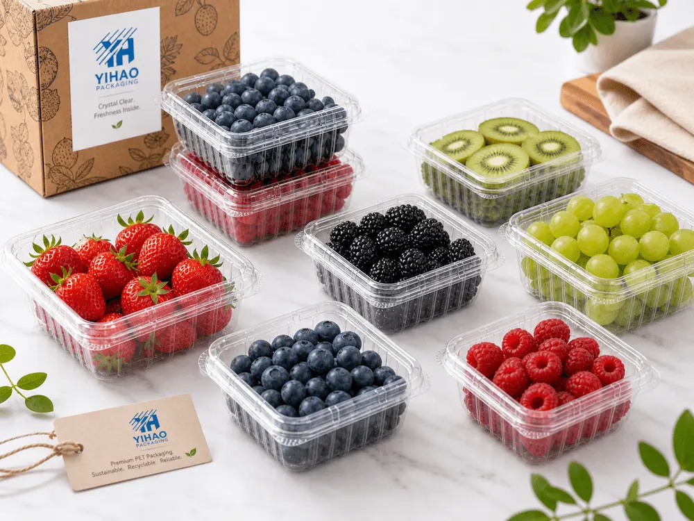 Clear PET berry packaging containers for blueberries, blackberries, raspberries, strawberries, and grapes