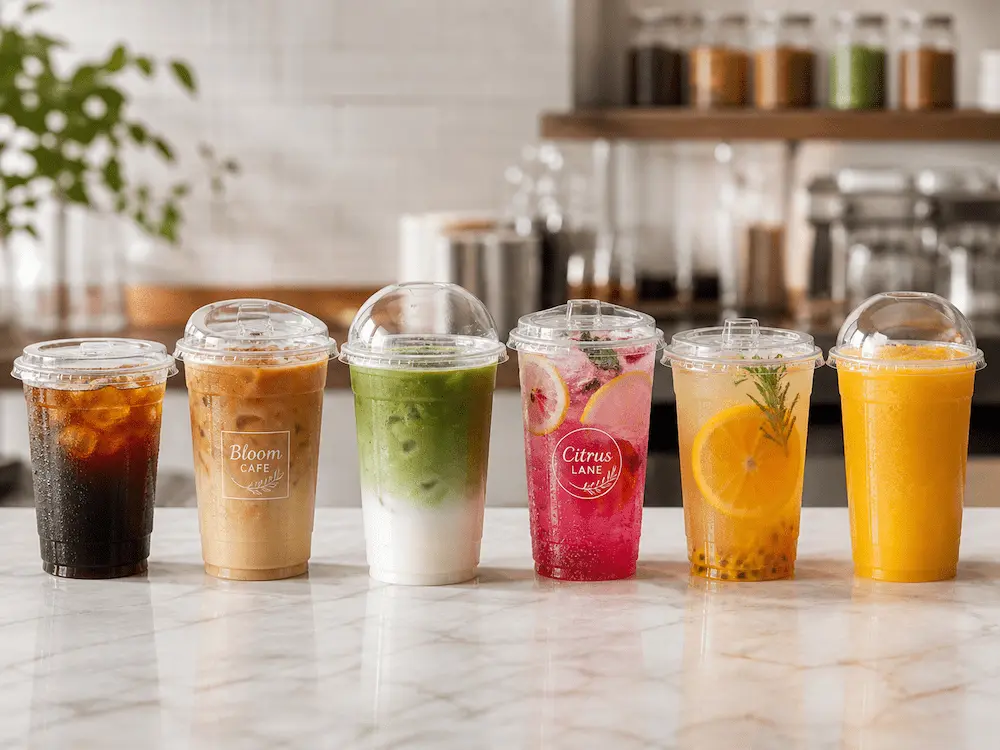 Clear PET iced coffee cups for iced coffee, lattes, matcha, fruit tea, and juice retail display