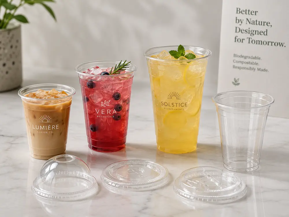 Biodegradable Cold Cups vs Alternative Packaging: How Buyers Should Choose 13 Biodegradable cold cups with clear PLA drink cups, lids, iced coffee, lemonade, and fruit tea