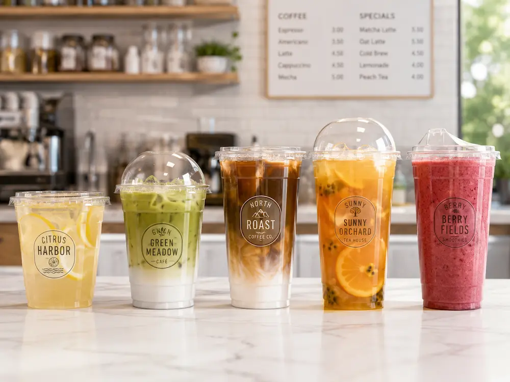 Biodegradable cold cups for smoothies, lemonade, fruit tea, berry refreshers, and cold beverages