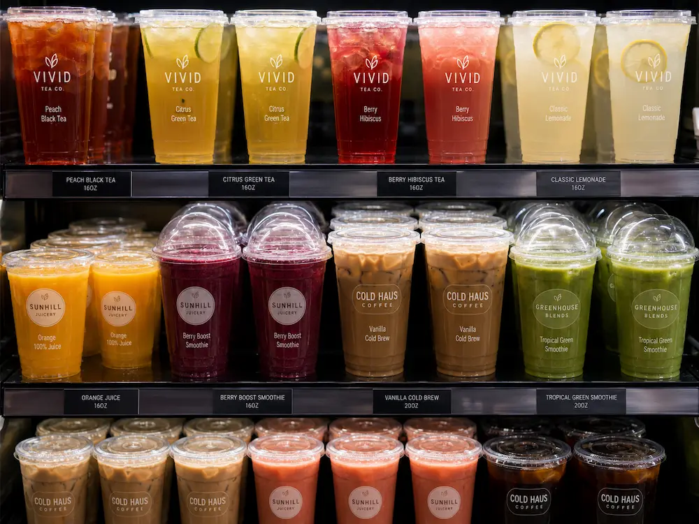 Biodegradable cold cups in refrigerated retail display for iced tea, lemonade, juice, and smoothies
