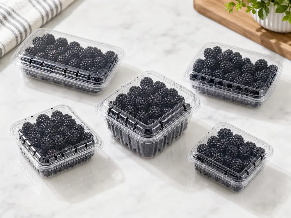 Blackberries packed in clear PET clamshell containers for retail display and chilled handling.