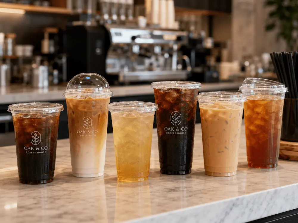 Branded clear iced coffee cups displayed on a cafe counter