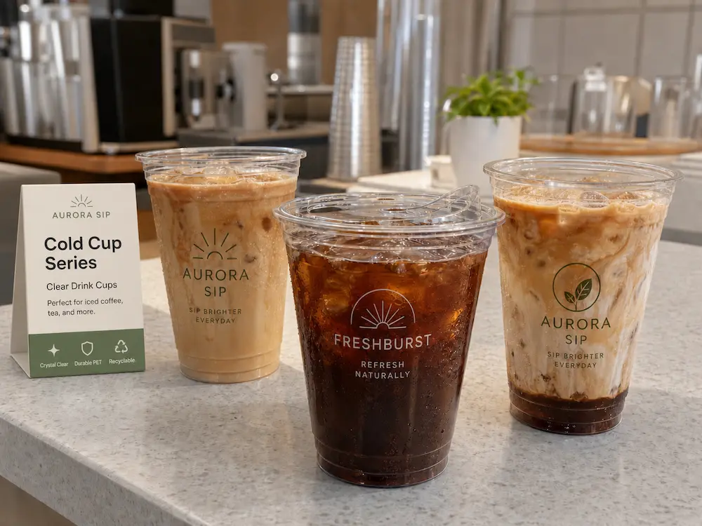 Branded cold drink cups for iced coffee and takeaway beverage service