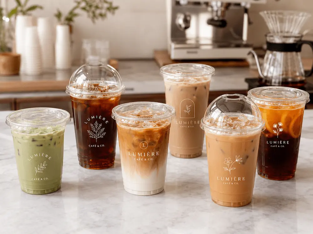 Branded custom iced coffee cups with clear PET lids for iced latte, cold brew, matcha, and fruit tea.
