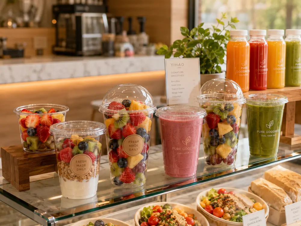 Cafe grab-and-go display with clear PET fruit cups, smoothies, parfaits, and fresh beverage packaging