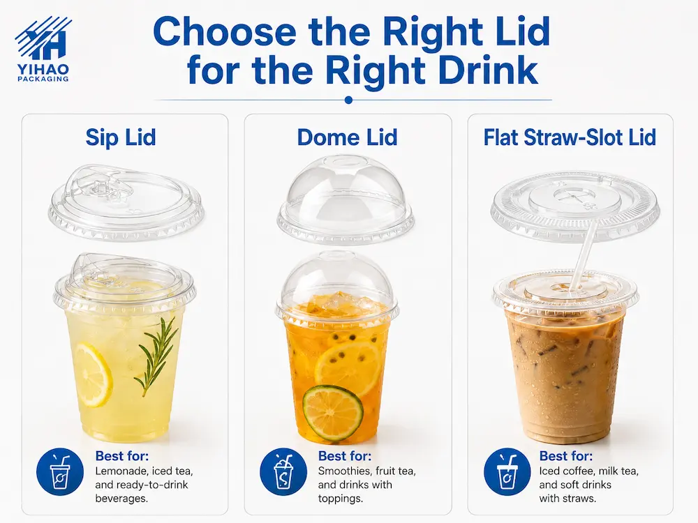 Cold cup lids guide showing sip lid, dome lid, and flat straw-slot lid for different drinks