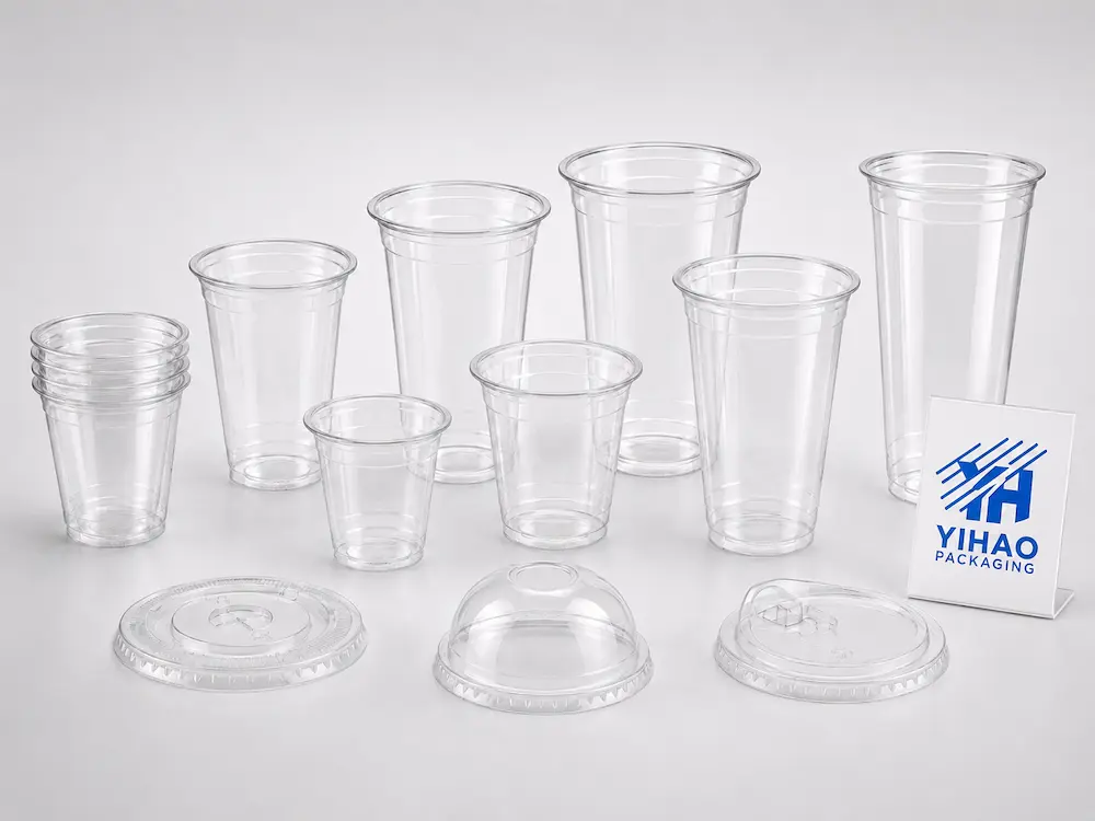 Clear biodegradable cold cup size range with flat lids, dome lids, and sip-through lids
