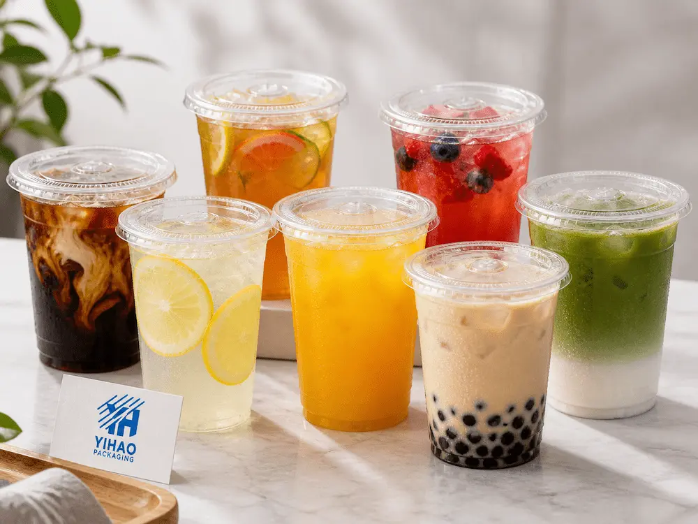 Flat Cold Cup Lids: Buyer Guide for Food Packaging Teams 7 Clear cold cups with flat lids for iced coffee, lemonade, fruit tea, milk tea, and matcha drinks