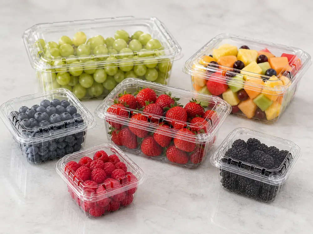 Multiple-size clear fruit containers for grapes, strawberries, blueberries, blackberries, and mixed fresh-cut fruit