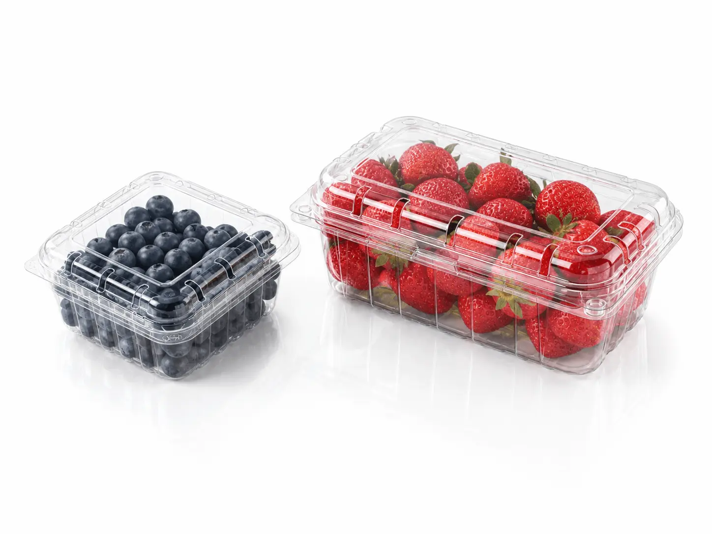Clear PET berry clamshell containers for blueberry and strawberry retail packaging