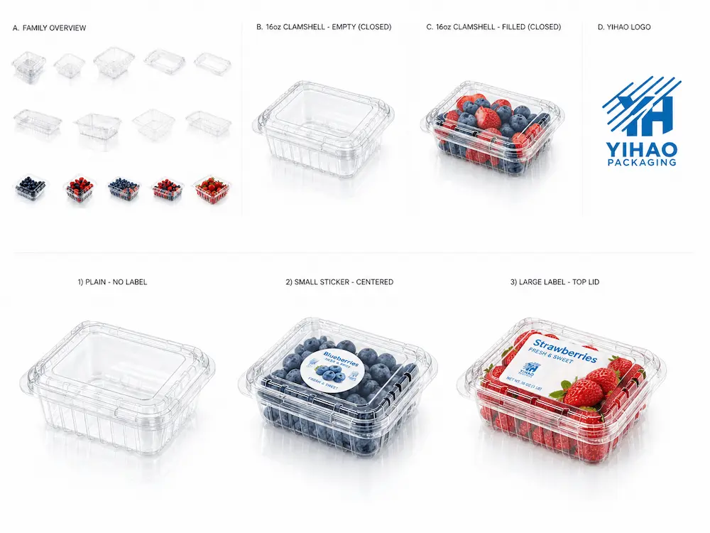 Complete Guide to Berry Clamshell Packaging for Blueberries, Blackberries, and Raspberries 7 Clear PET berry clamshell family showing empty pack, filled pack, and labeling options