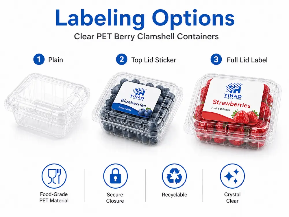 Clear PET Berry Containers FAQ: Materials, Sizes, Uses, and Ordering Questions 7 Clear PET berry clamshell labeling options including plain, top lid sticker, and full lid label
