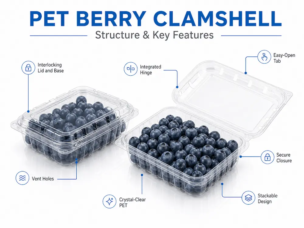 Clear PET Berry Containers FAQ: Materials, Sizes, Uses, and Ordering Questions 3 Clear PET berry clamshell structure with vent holes, hinge, secure closure, and stackable design