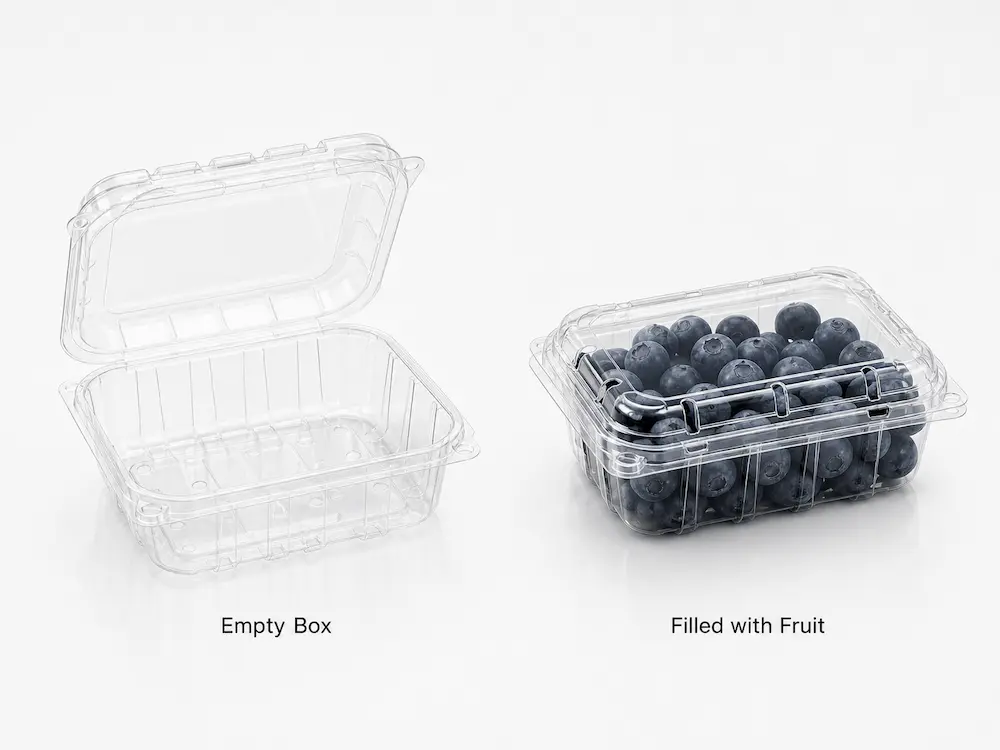 Clear PET Berry Containers FAQ: Materials, Sizes, Uses, and Ordering Questions 1 Clear PET berry container shown empty and filled with blueberries
