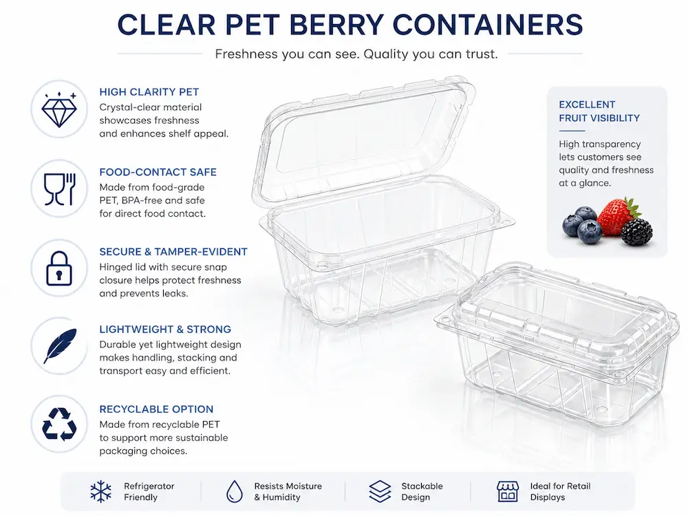 Complete Guide to Berry Clamshell Packaging for Blueberries, Blackberries, and Raspberries 3 Clear PET berry container feature guide showing vented design, hinged lid, secure closure, and stackable shape
