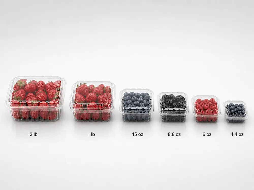 Clear PET Berry Containers FAQ: Materials, Sizes, Uses, and Ordering Questions 5 Clear PET berry container sizes including 2 lb, 1 lb, 15 oz, 8.8 oz, 6 oz, and 4.4 oz