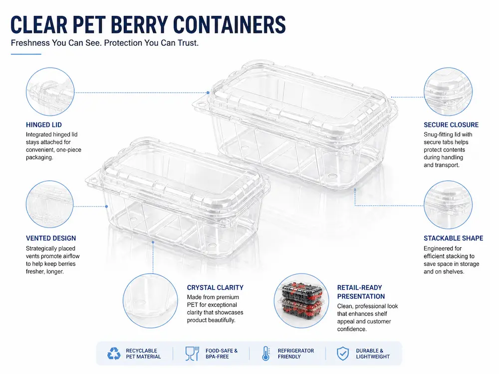 Complete Guide to Berry Clamshell Packaging for Blueberries, Blackberries, and Raspberries 2 Clear PET berry container structure showing hinged lid, secure closure, ventilation, and stackable design
