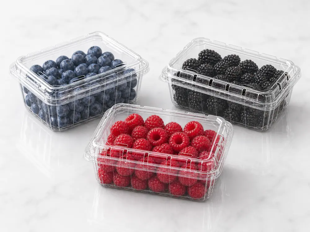 Blueberry Containers: Buyer Guide for Food Packaging Teams 2 Clear PET berry containers for blueberries, blackberries, and raspberries close-up display
