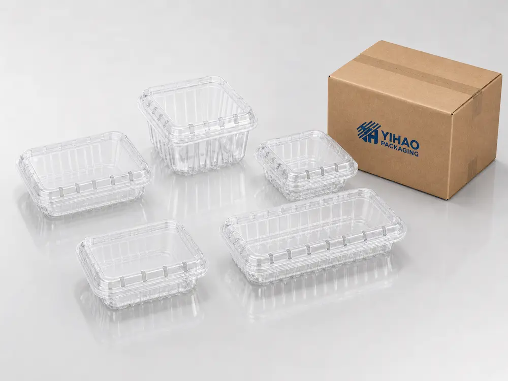 Clear PET blackberry clamshell containers in multiple sizes with YIHAO Packaging carton.