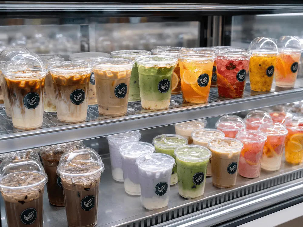 Clear PET coffee cups displayed in refrigerated grab-and-go beverage case