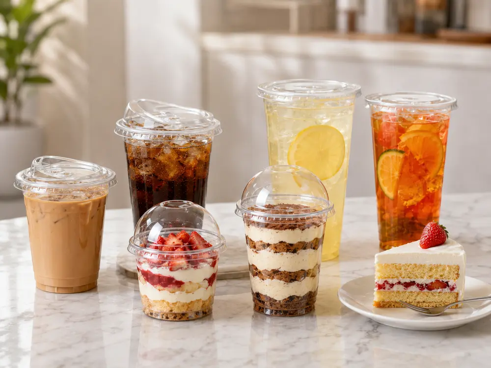 Cold Cup Lids Complete Guide: Flat, Dome, Strawless, and Sip Lids 4 Clear PET cold cup lids for iced coffee, lemonade, fruit tea, desserts, and takeaway drinks