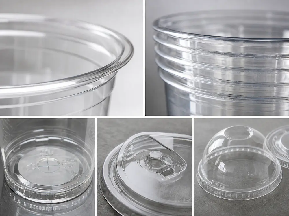 Close-up details of clear PET cold cup rims, bases, and lid structures.