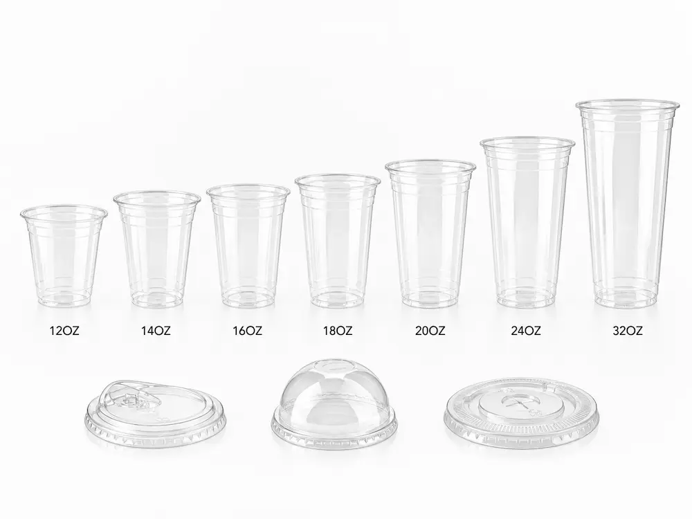12oz, 14oz, 16oz, 18oz, 20oz, 24oz, and 32oz clear PET cold cup size range.