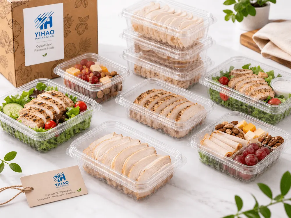 Clear PET food containers for grilled chicken, salad, nuts, cheese, and chilled ready-to-eat packs