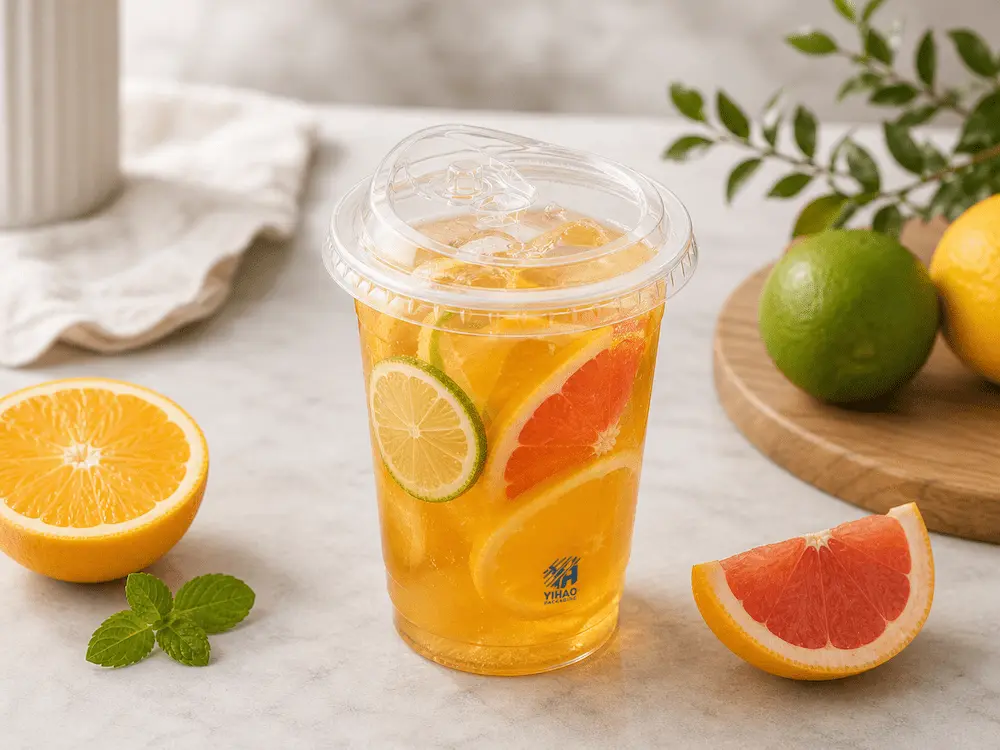 Clear PET Cups: Buyer Guide for Food Packaging Teams 6 Clear PET cup for fruit tea, juice, lemonade, refreshers, and sparkling fruit drink packaging