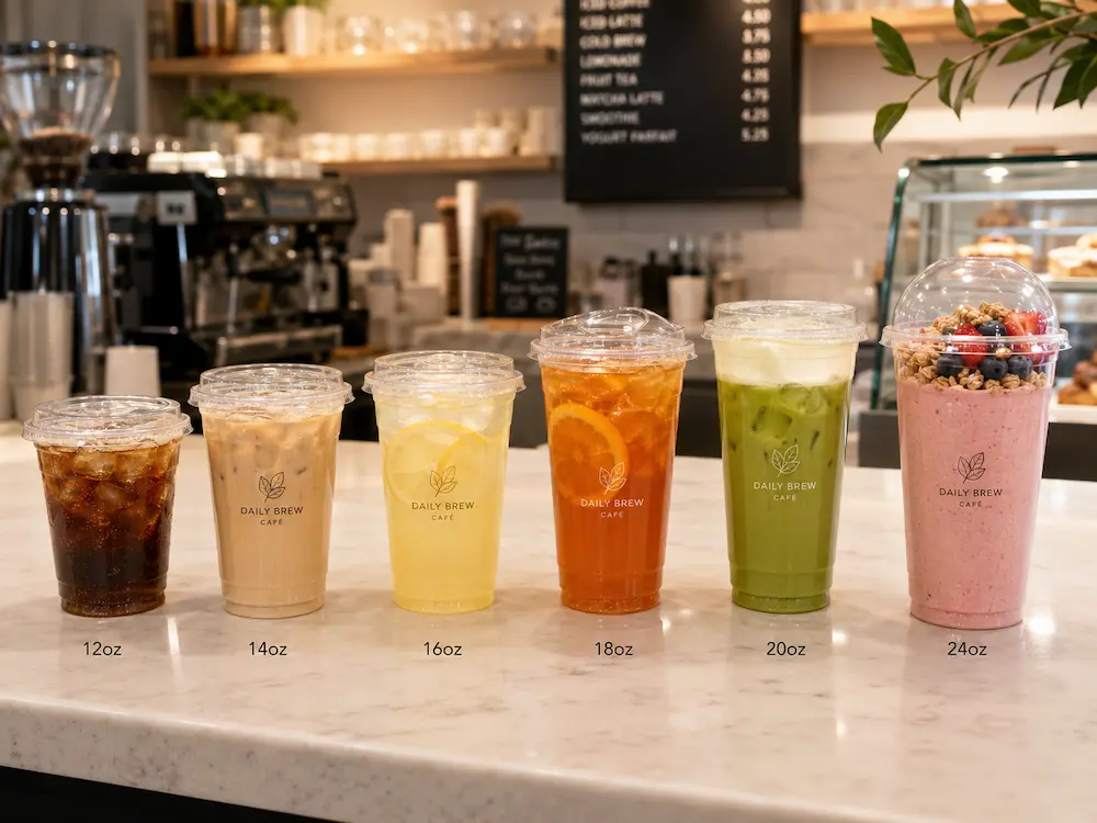 PET Cup Lids FAQ: Materials, Sizes, Uses, and Ordering Questions 4 Clear PET cups from 12oz to 24oz with flat lids, dome lids, and cold drink applications.