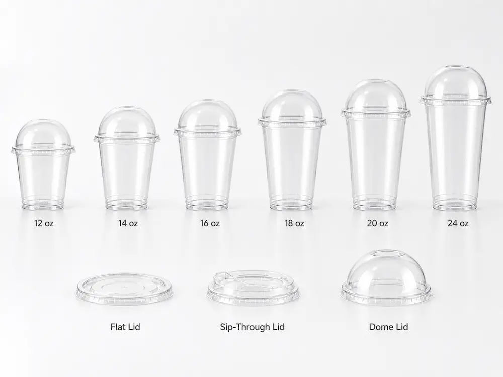 Best Dome Lids for Retail Display, Takeaway, and Chilled Food 6 Clear PET cup sizes and lid options including flat lid, sip-through lid, and dome lid