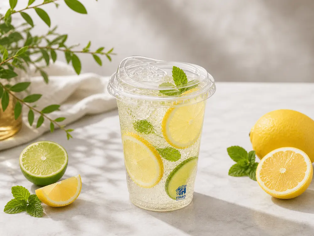 Clear PET Cups: Buyer Guide for Food Packaging Teams 2 Clear PET cup with flat lid for lemonade, sparkling cold drinks, and takeaway beverage packaging