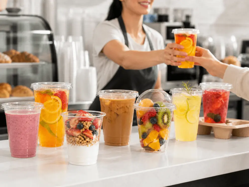 Clear PET cups for iced coffee, juice, smoothies, fruit cups, and café takeaway drink packaging