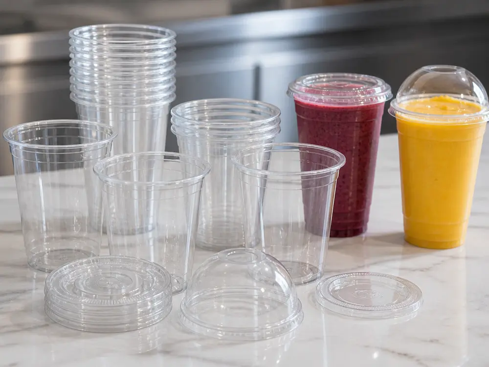 Smoothie Cups vs Alternative Packaging: How Buyers Should Choose 4 Clear PET cups with flat lids and dome lids for smoothie packaging