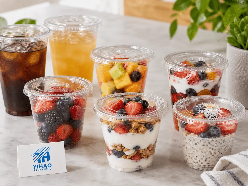 Flat Cold Cup Lids: Buyer Guide for Food Packaging Teams 6 Clear PET cups with flat lids for cold drinks, fruit cups, yogurt cups, and ready-to-eat food packaging