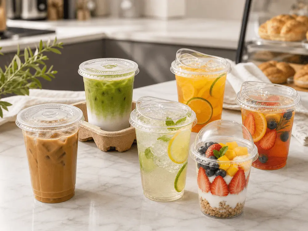 Clear PET Cups: Buyer Guide for Food Packaging Teams 4 Clear PET cups for café beverage menus, iced coffee, matcha, lemonade, fruit tea, and yogurt fruit cups