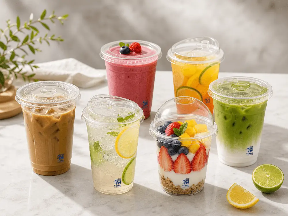 Clear PET Cups: Buyer Guide for Food Packaging Teams 1 Clear PET cups for iced coffee, lemonade, matcha, smoothies, yogurt fruit cups, and cold drink packaging