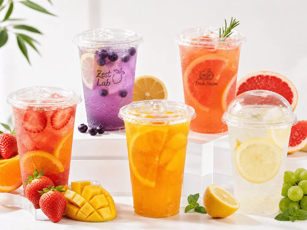 Clear PET cups for fruit tea, lemonade, refreshers, sparkling fruit drinks, and fresh fruit cold beverages