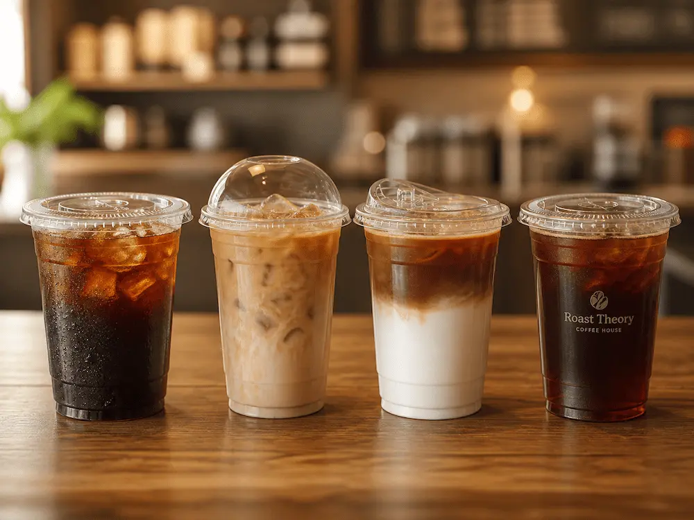 Clear PET cups for iced coffee, iced latte, cold brew, and layered milk coffee takeaway packaging
