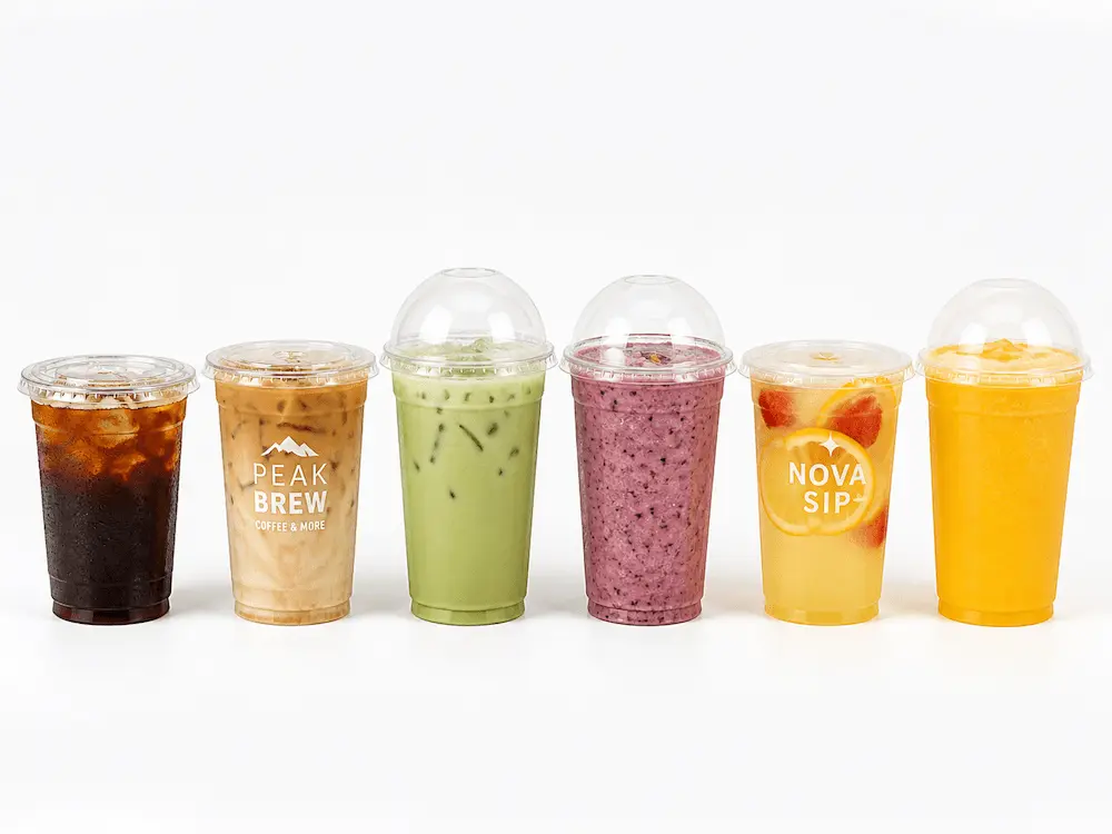Clear PET cups for iced coffee, smoothies, matcha, lemonade, and juice cold drink packaging
