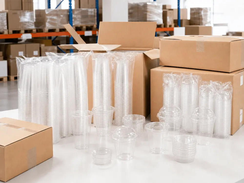 Clear PET Cups: Buyer Guide for Food Packaging Teams 7 Clear PET cups wholesale supply with multiple cold cup sizes, lids, and carton packaging