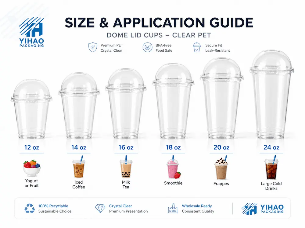 Best Dome Lids for Retail Display, Takeaway, and Chilled Food 4 Clear PET dome lid cup size and application guide for yogurt, fruit, iced coffee, milk tea, smoothies, and cold drinks