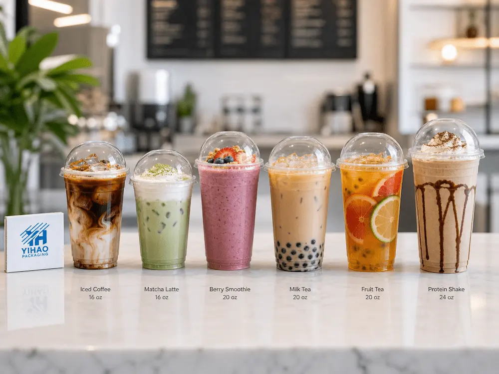 Best Dome Lids for Retail Display, Takeaway, and Chilled Food 2 Clear PET dome lid cups for iced coffee, matcha latte, milk tea, fruit tea, and protein shake