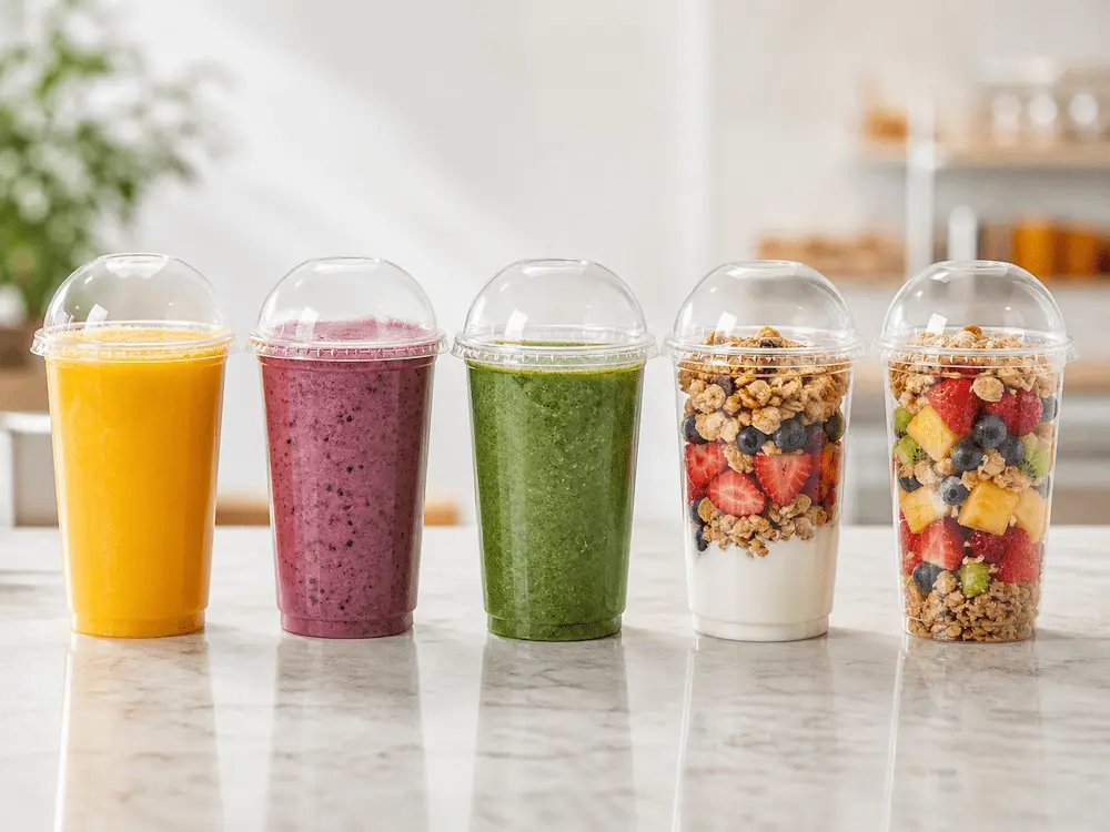 Clear PET dome lid cups for smoothies, parfaits, yogurt fruit cups, granola cups, and chilled dessert packaging