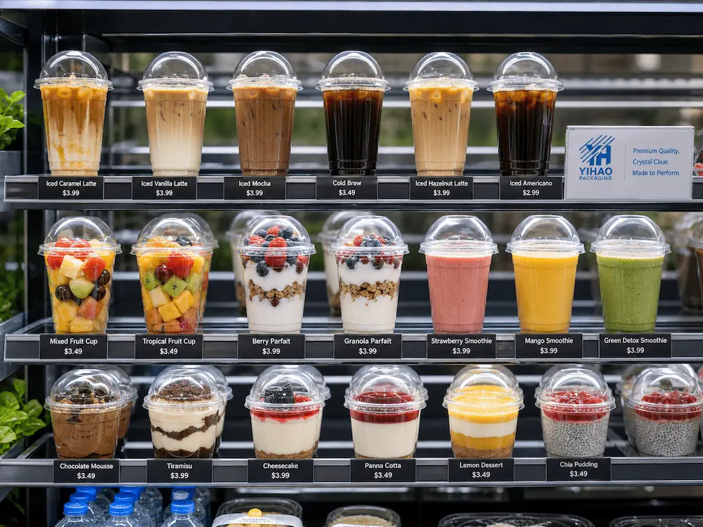 Best Dome Lids for Retail Display, Takeaway, and Chilled Food 5 Clear PET dome lid cups displayed in a cooler with iced coffee, fruit cups, yogurt cups, desserts, and smoothies