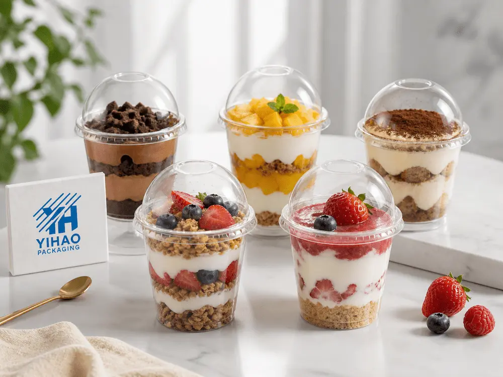 Best Dome Lids for Retail Display, Takeaway, and Chilled Food 8 Clear PET dome lid cups for yogurt parfaits, mousse cups, tiramisu, and fruit desserts
