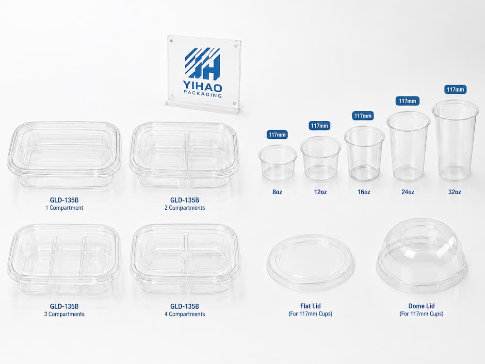 Clear PET fruit containers, compartment trays, 117mm fruit cups, flat lids, and dome lids.